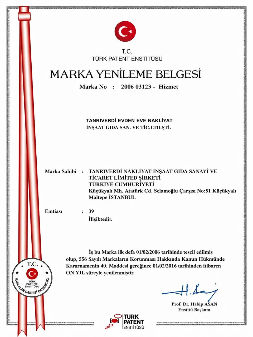 Türk Patent ve Marka Kurumu Tescil Belgesi