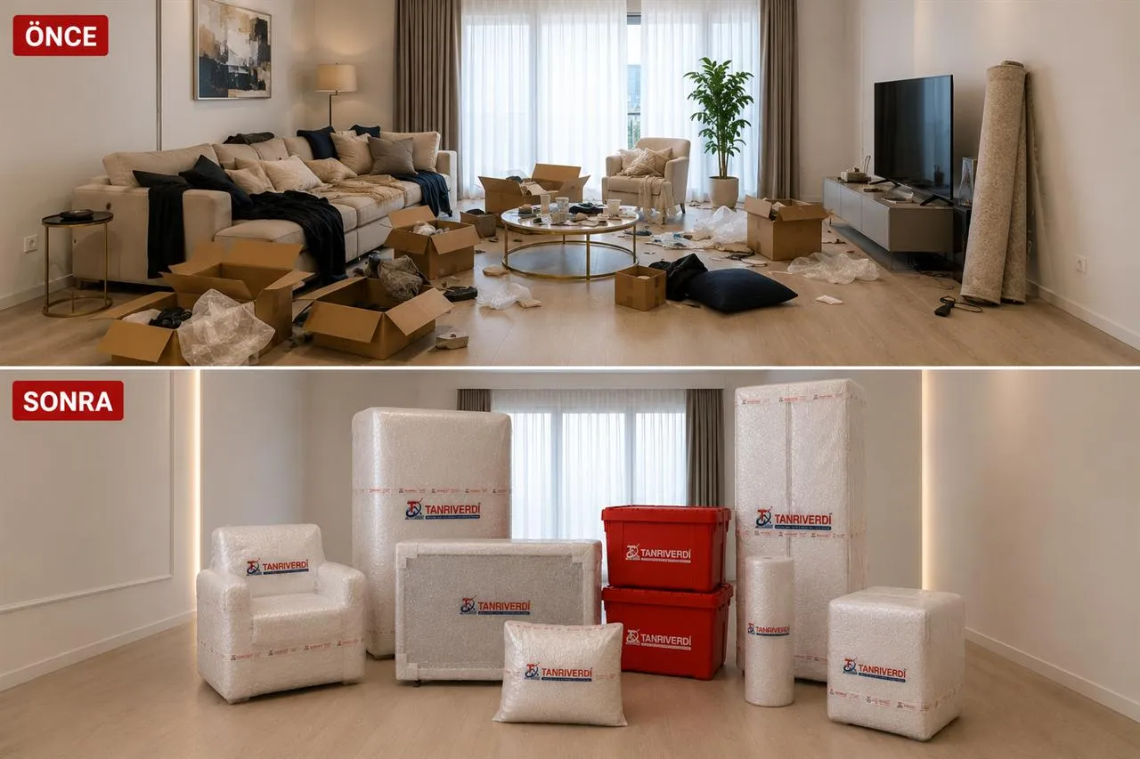 Mutfak porselen ve cam eşyaların havalı pelür kağıtla mukavva koliye paketlenmesi